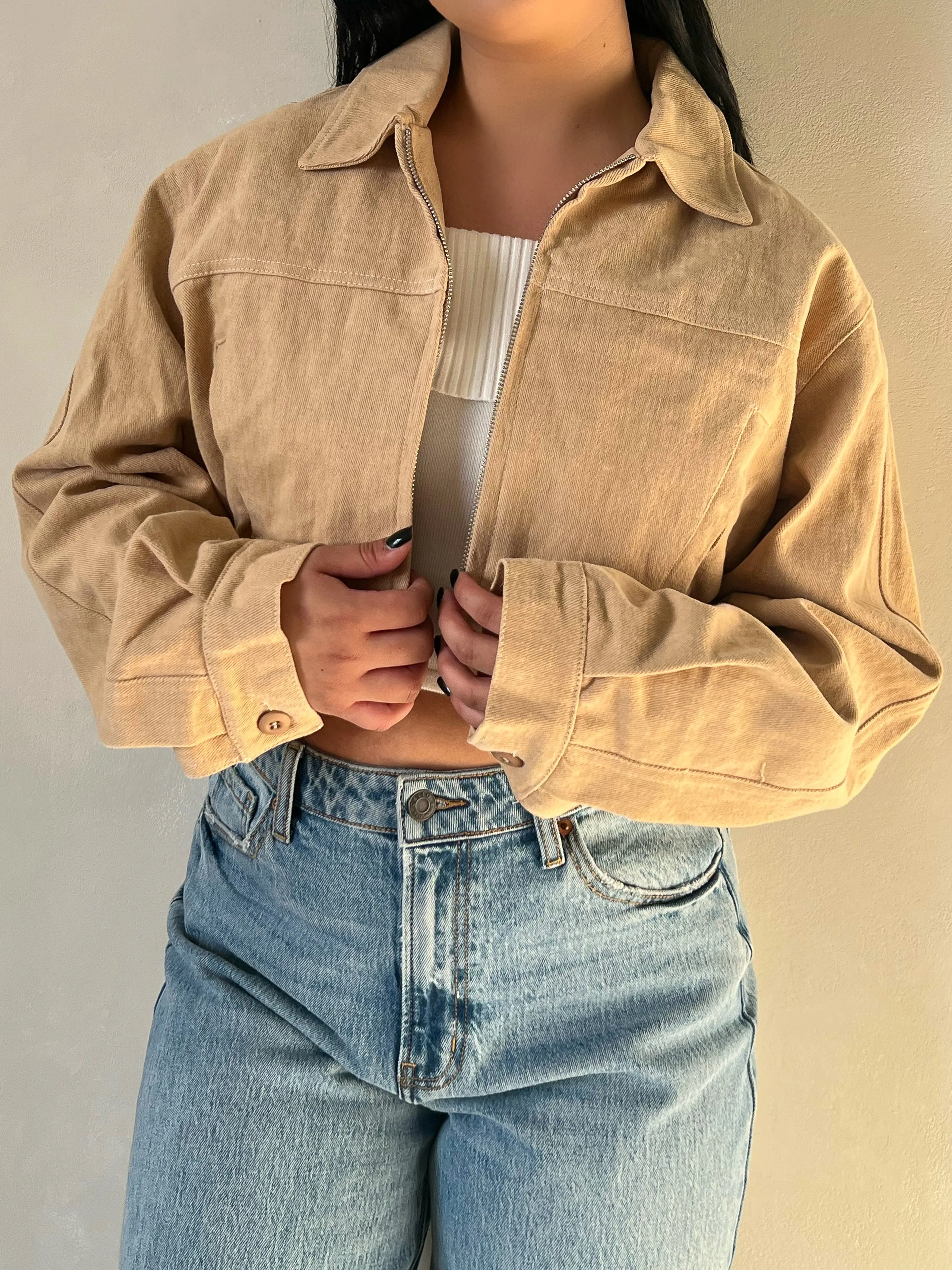 Susan Cropped Denim Jacket (Khaki)