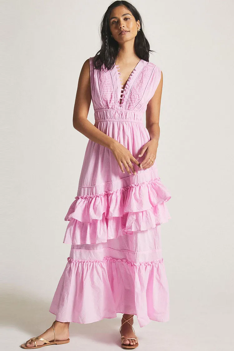 Swingy Buttoned Sleeveless Beach Vacation Ruffle Tiered Maxi Sundress - Pink