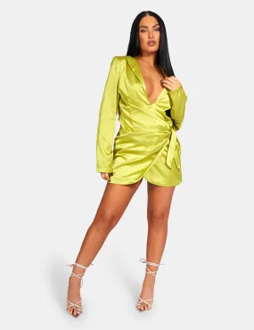 Tie Waist Satin Blazer Dress Lime