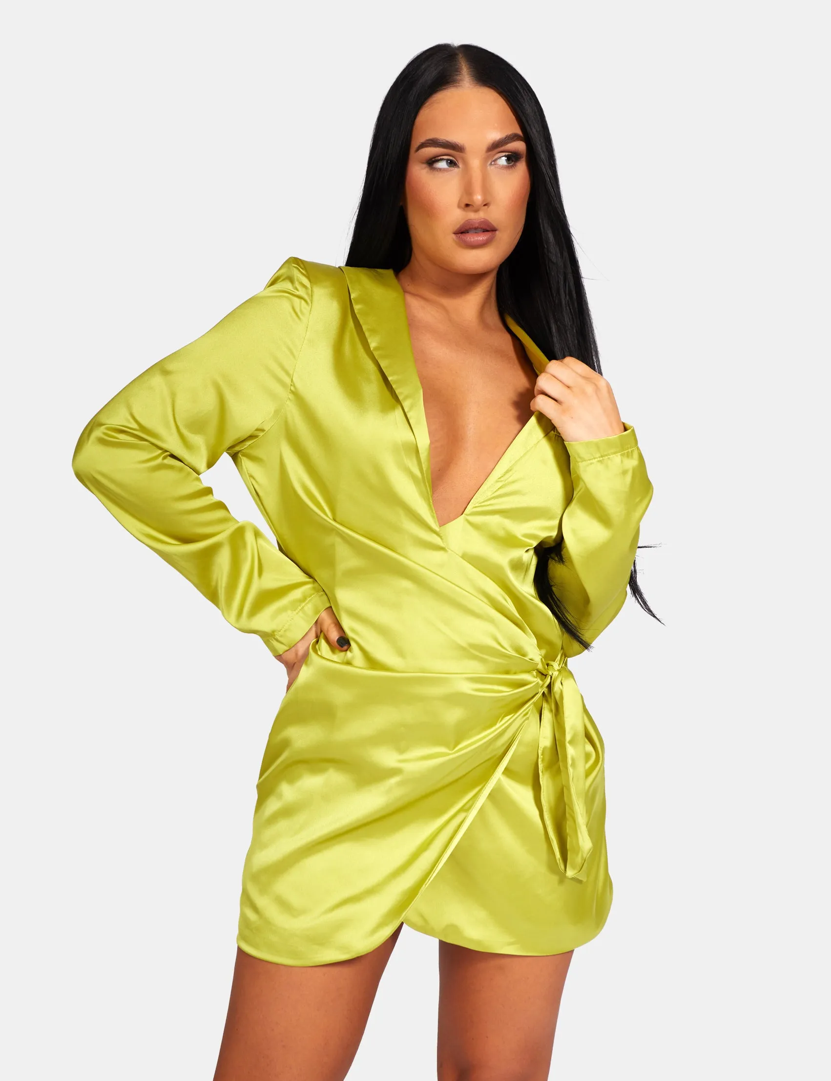 Tie Waist Satin Blazer Dress Lime