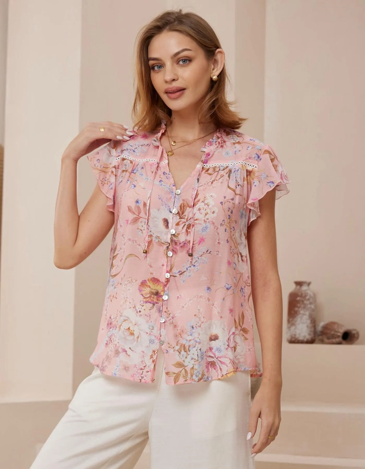 Tilda Flutter Sleeve V Neck Top in Pink Floral