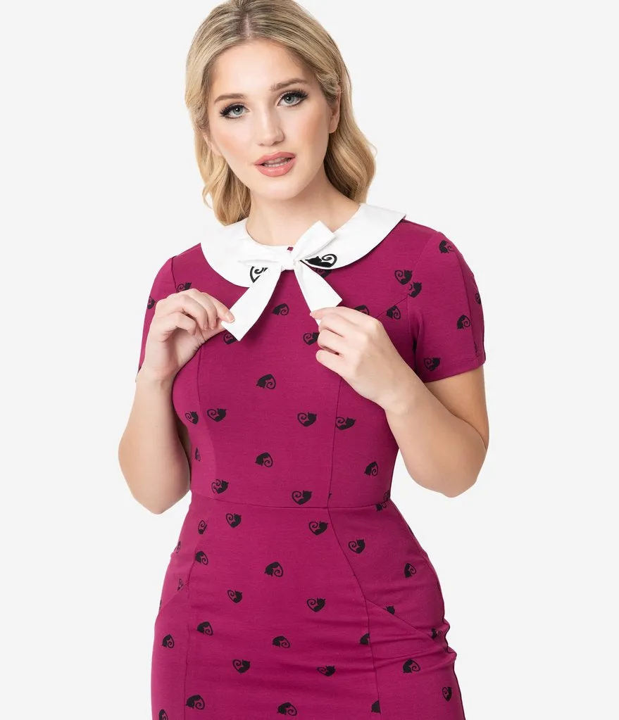 Unique Vintage 1960s Berry Pink & Black Cat Print Renata Pencil Dress (S and M ONLY)