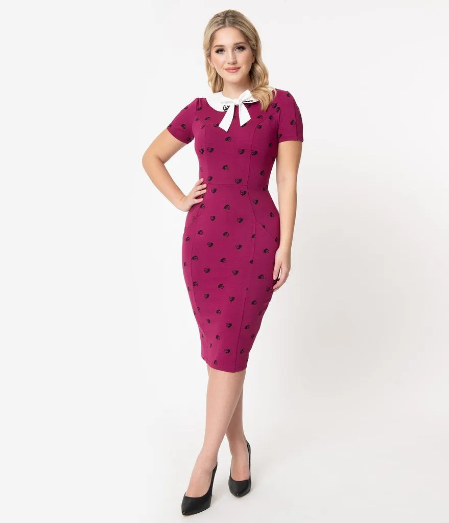 Unique Vintage 1960s Berry Pink & Black Cat Print Renata Pencil Dress (S and M ONLY)