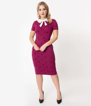 Unique Vintage 1960s Berry Pink & Black Cat Print Renata Pencil Dress (S and M ONLY)