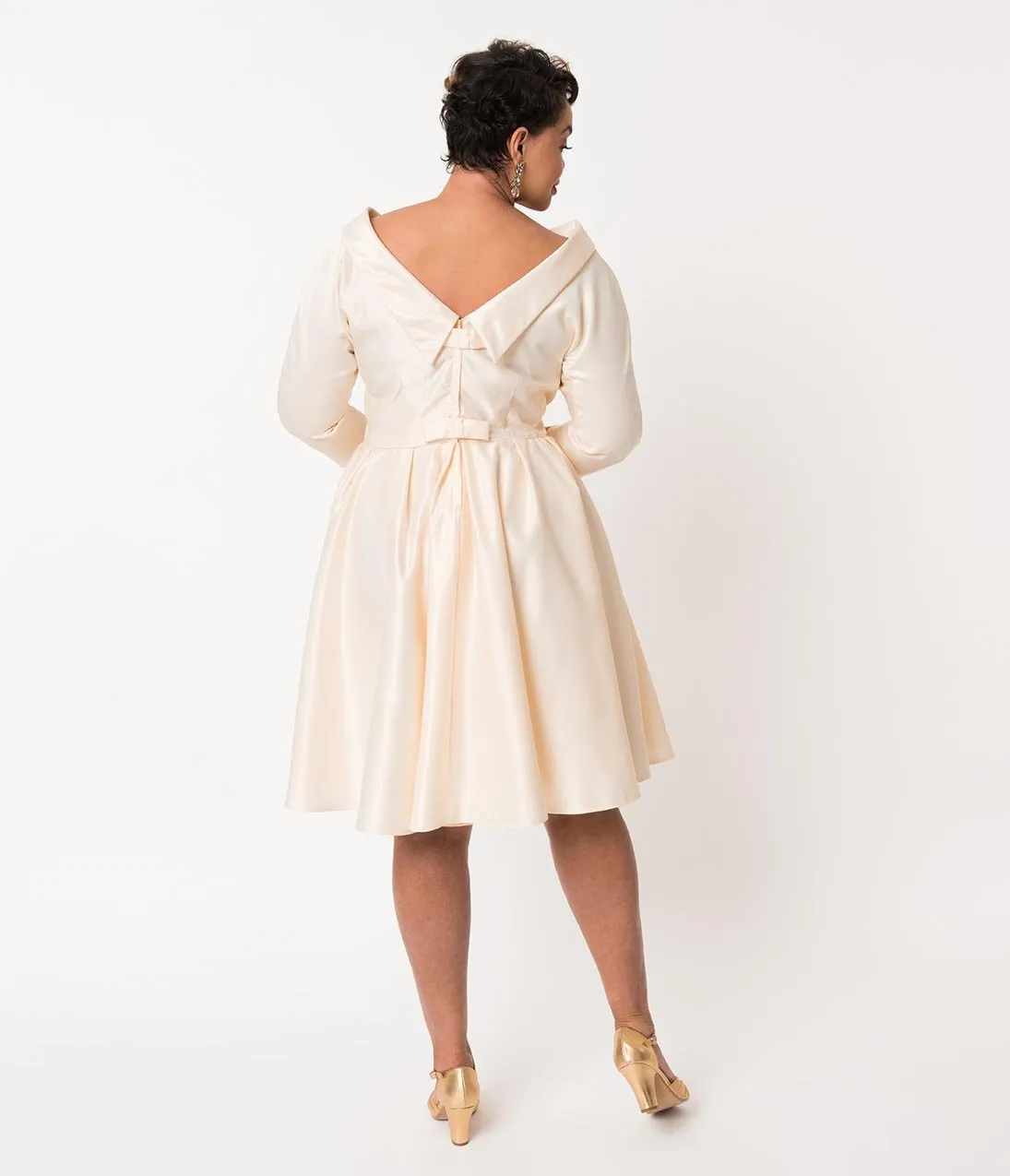 Unique Vintage Plus Size 1950s Style Cream Satin Sleeved Lana Bridal Dress