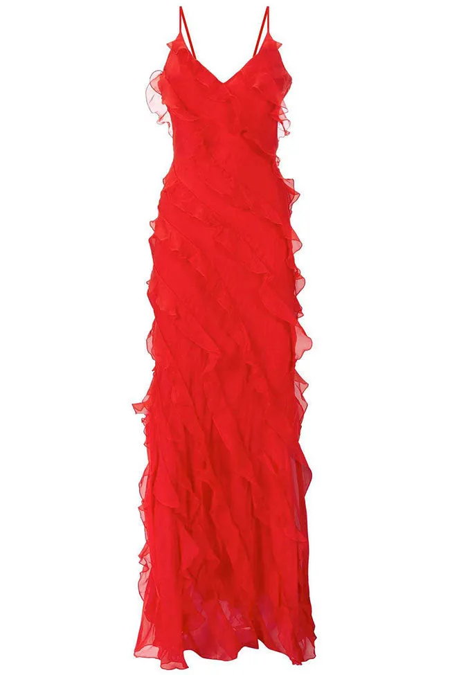 V Neck Spaghetti Strap Split Chiffon Ruffle Slip Maxi Dress - Red