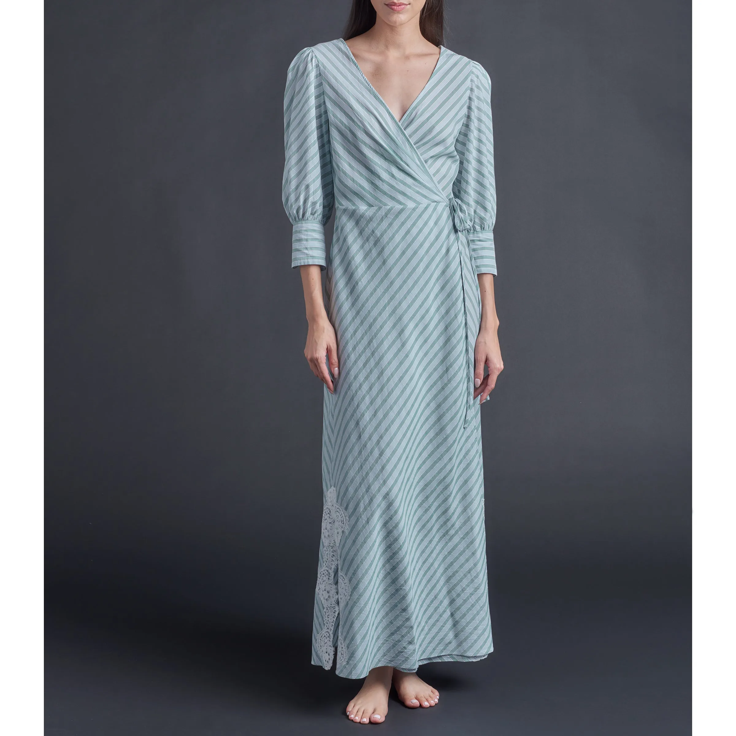 Vesta Wrap Dress in Blue   Green Cotton Stripe