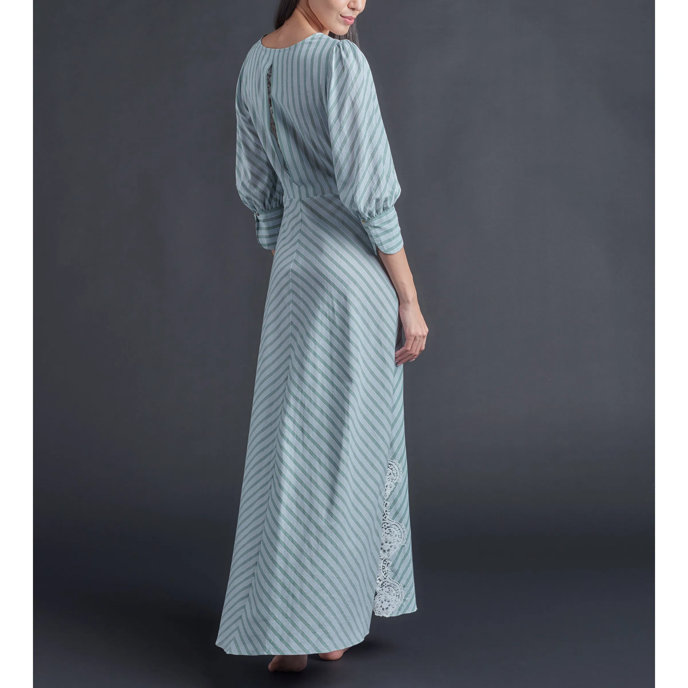 Vesta Wrap Dress in Blue   Green Cotton Stripe