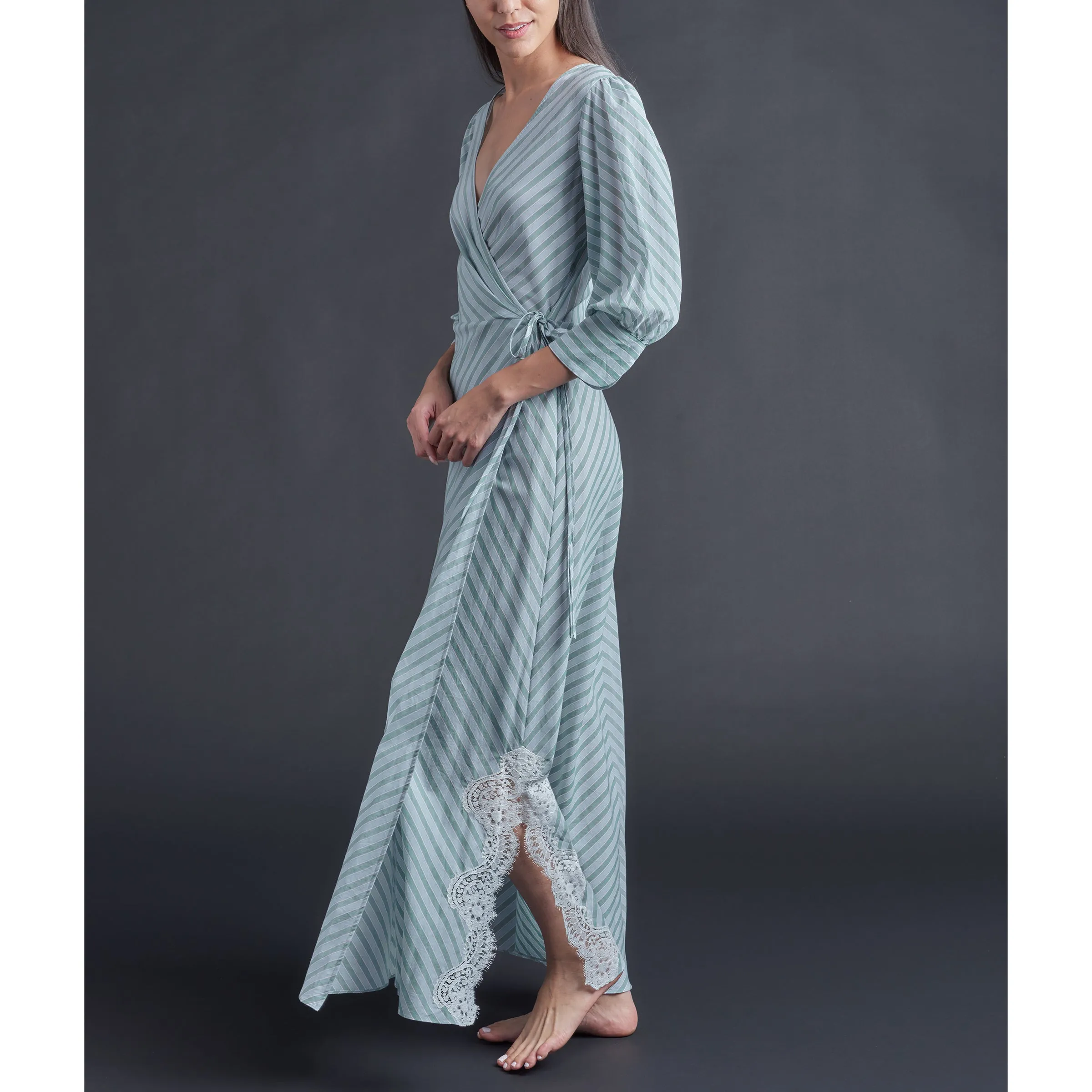 Vesta Wrap Dress in Blue   Green Cotton Stripe