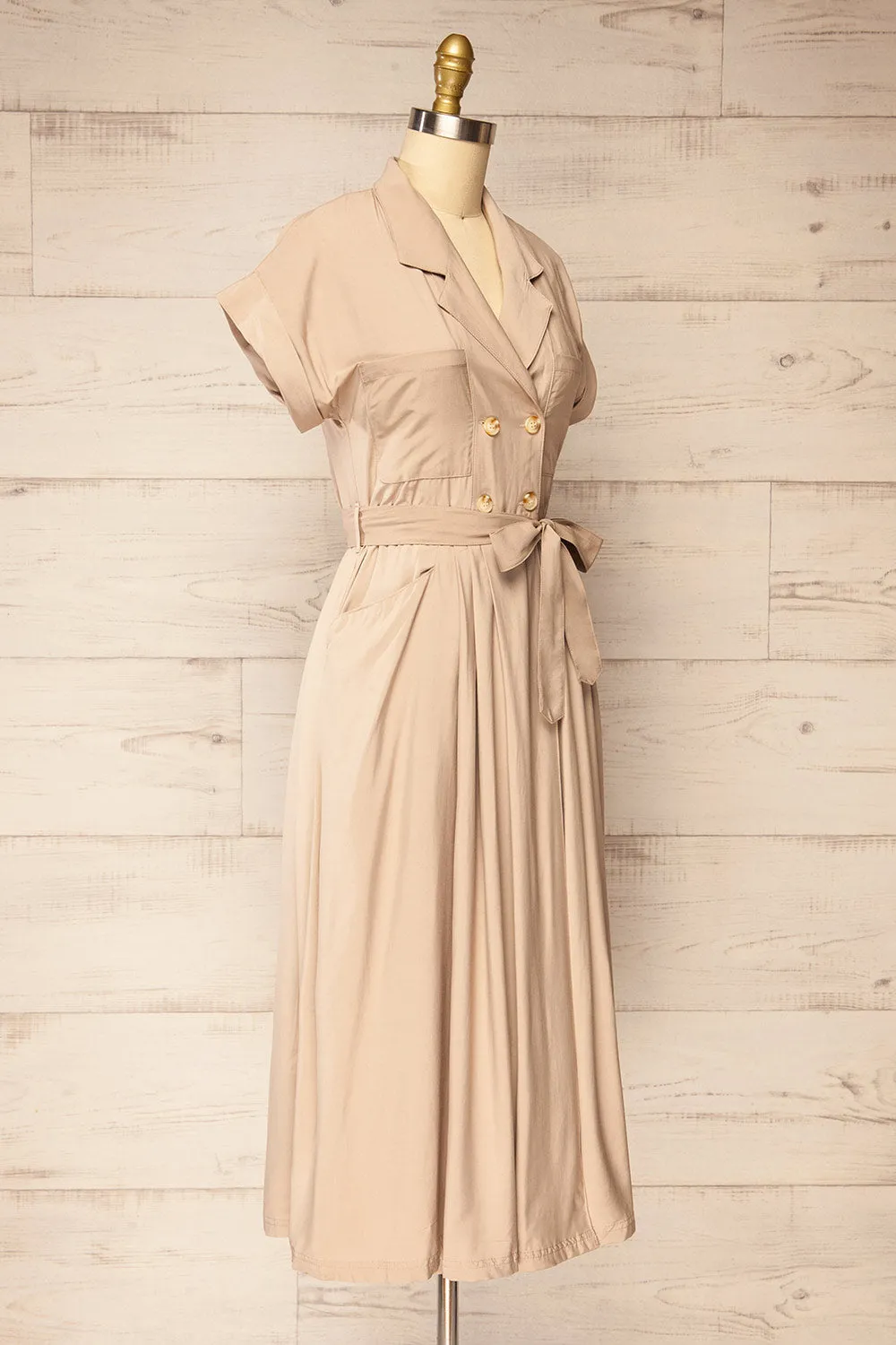 Waverly Beige | Double-Breasted Dress w/ Tie Belt