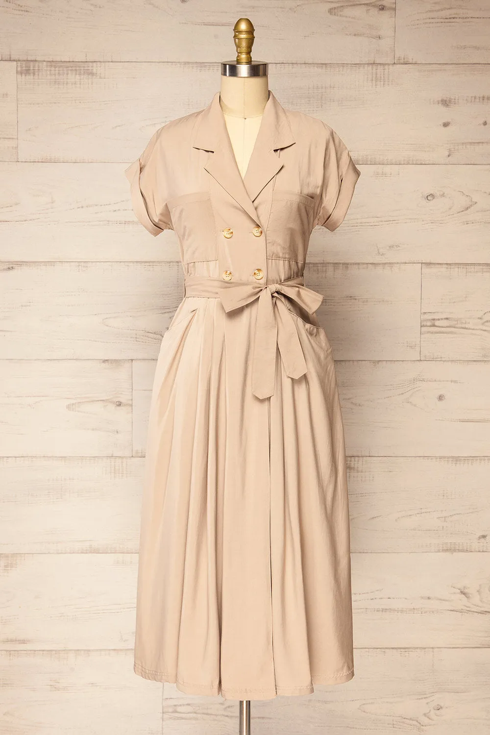 Waverly Beige | Double-Breasted Dress w/ Tie Belt