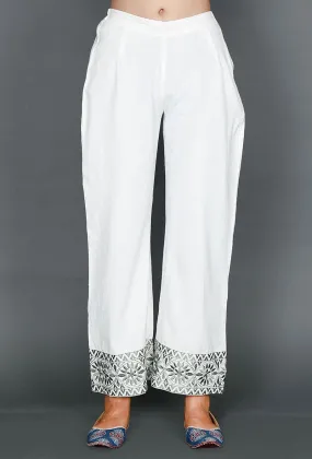 White Palazzos With Olive Green Kantha Embroiderey