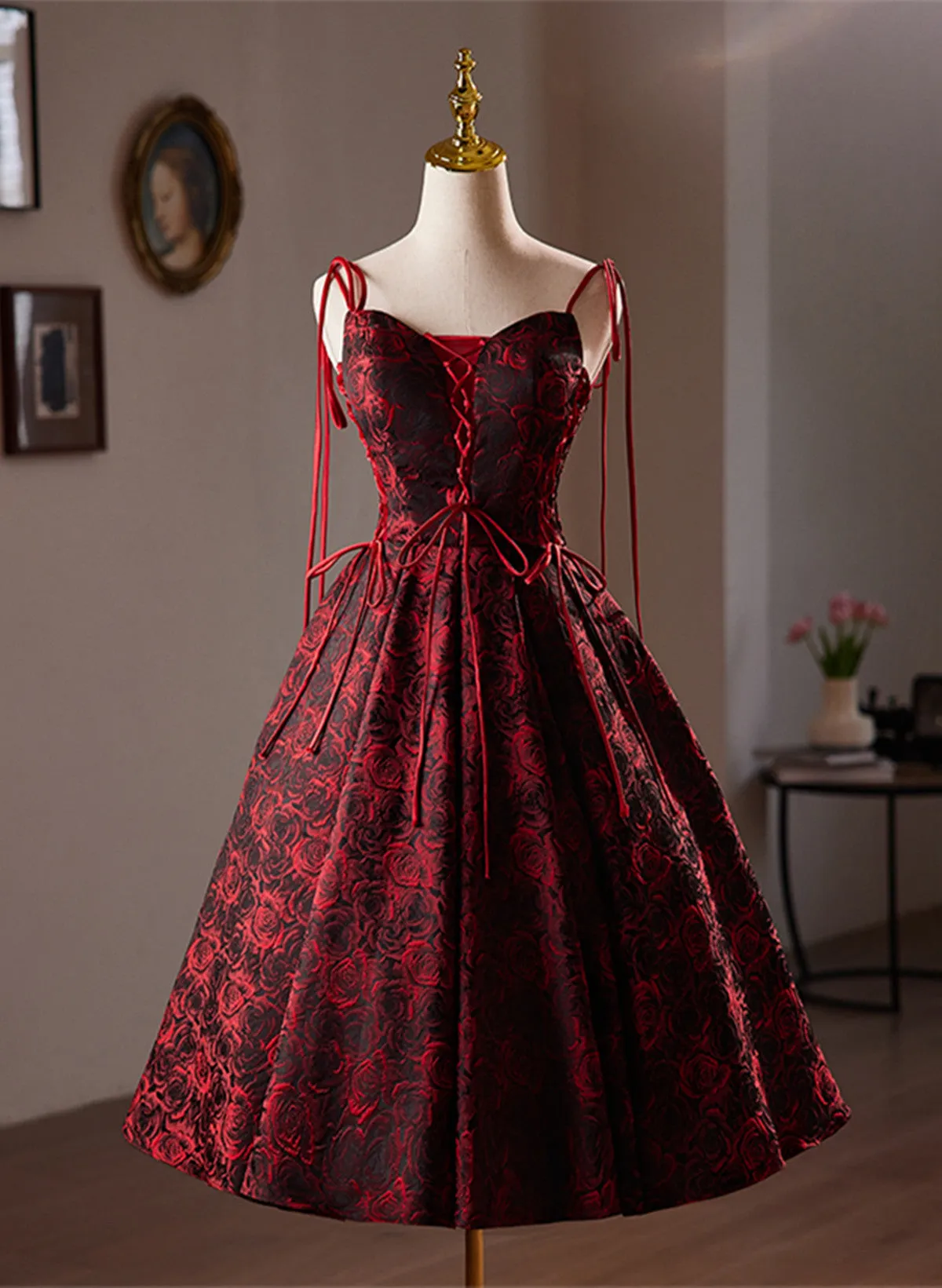 Wine Red Floral Satin Straps Knee Length Party Dress, Wine Red Homecoming Dress