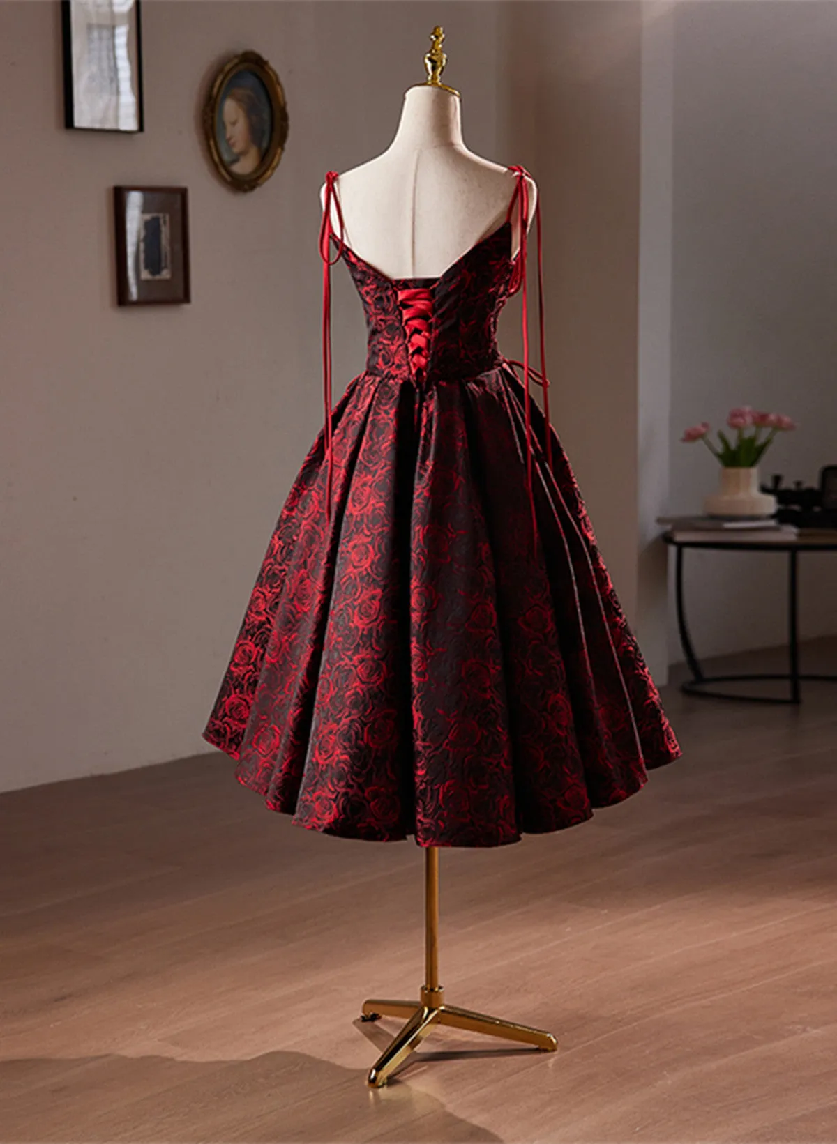 Wine Red Floral Satin Straps Knee Length Party Dress, Wine Red Homecoming Dress