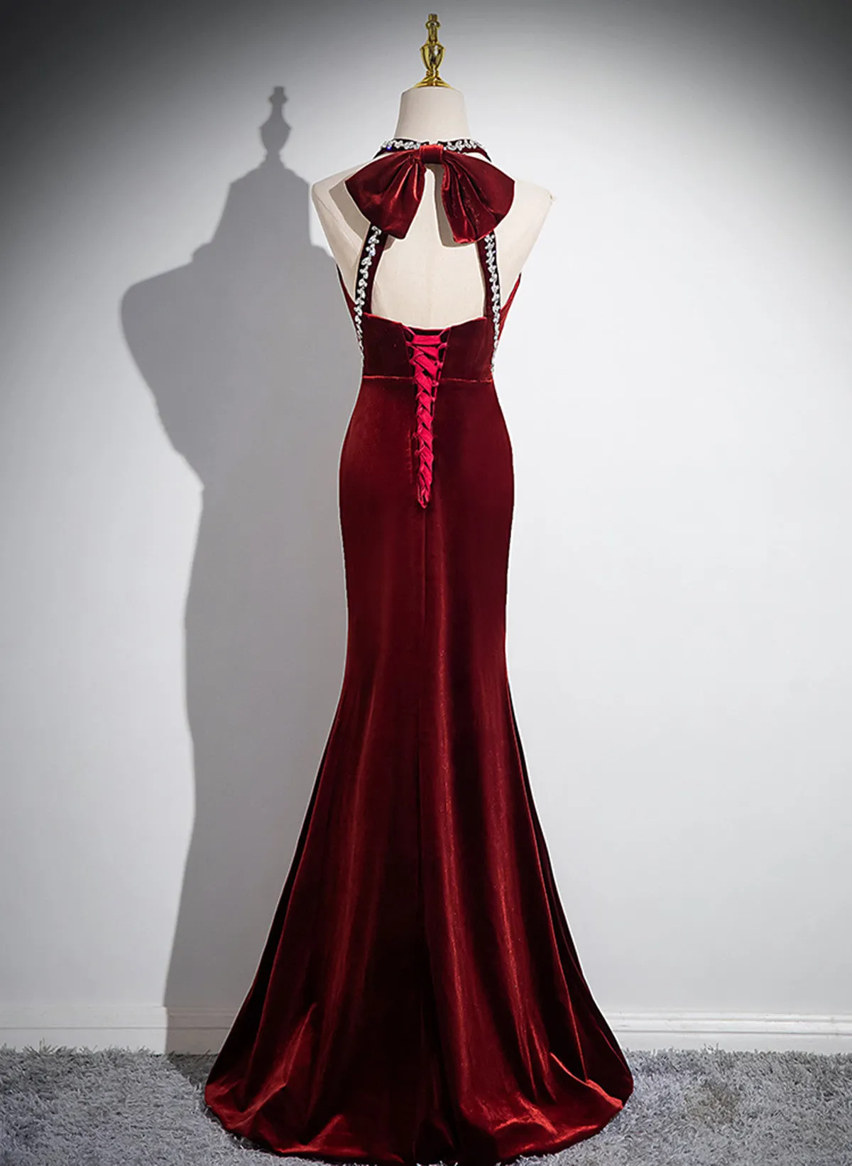 Wine Red Mermaid Long Velvet Long Party Dress, Wine Red Evening Dress Prom Dress