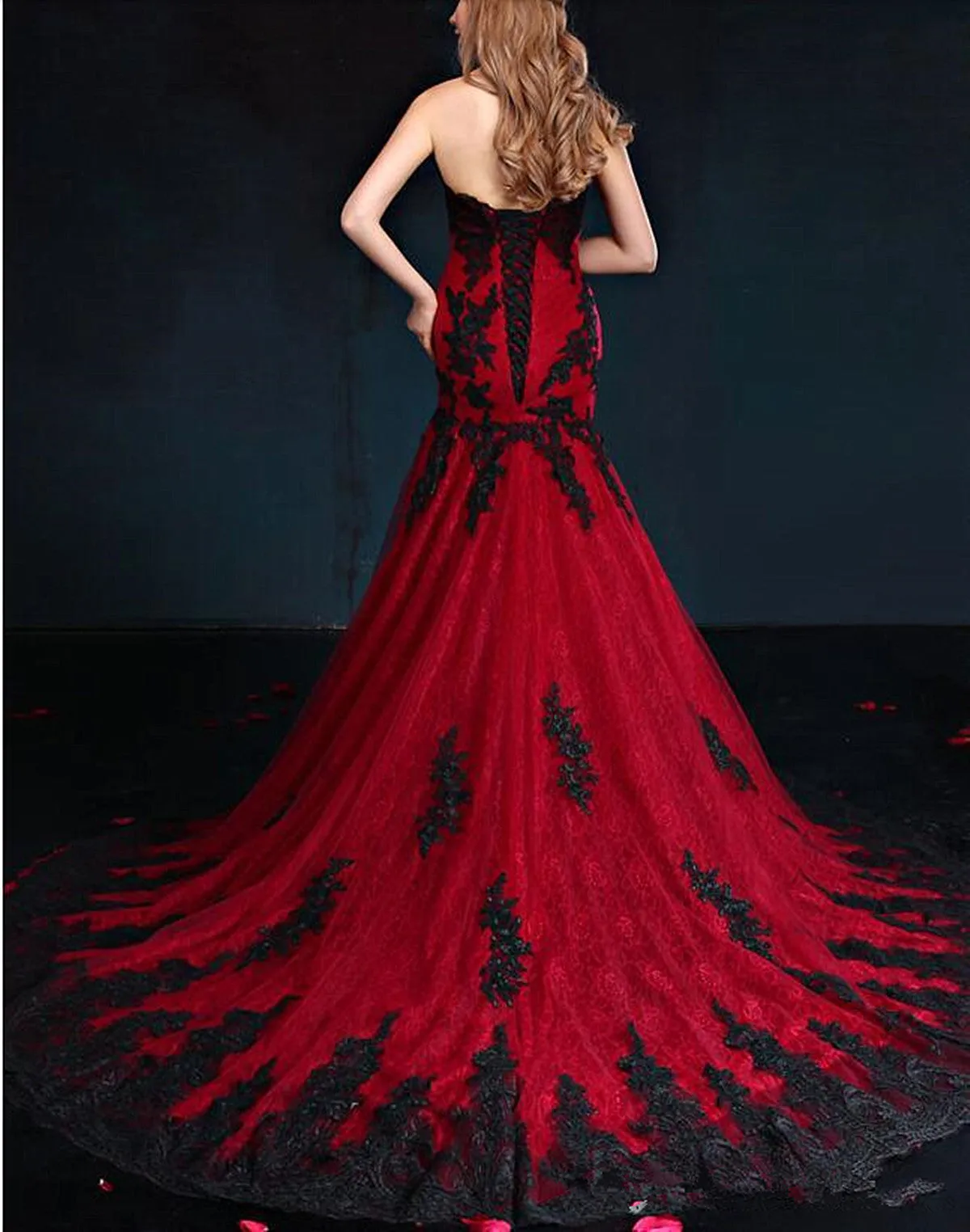 Wine Red Mermaid Sweetheart with Black Lace Party Dress, Wine Red Long Prom Dress