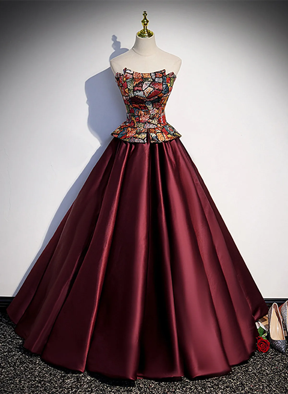 Wine Red Satin Off Shoulder Evening Dress, Wine Red Long Prom Dress