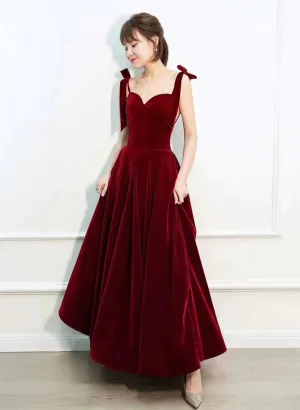 Wine Red Velvet Long Party Dress with Straps, Wine Red Floor Length Prom Dress