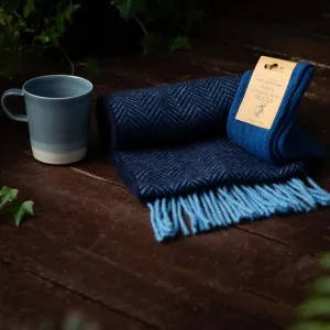 Winter Essentials: Herringbone Scarf, Blue Mug and Cashmere Socks