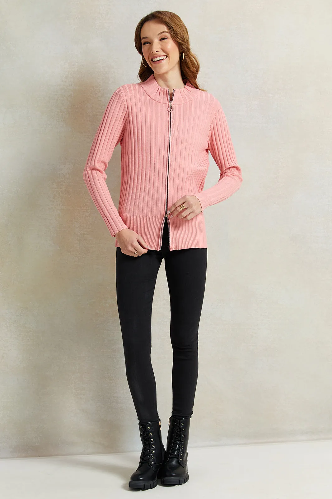 Women Pink Ribbed Pullover