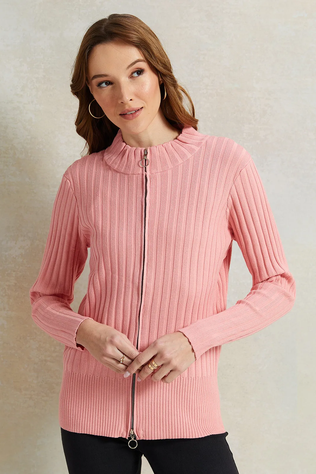 Women Pink Ribbed Pullover