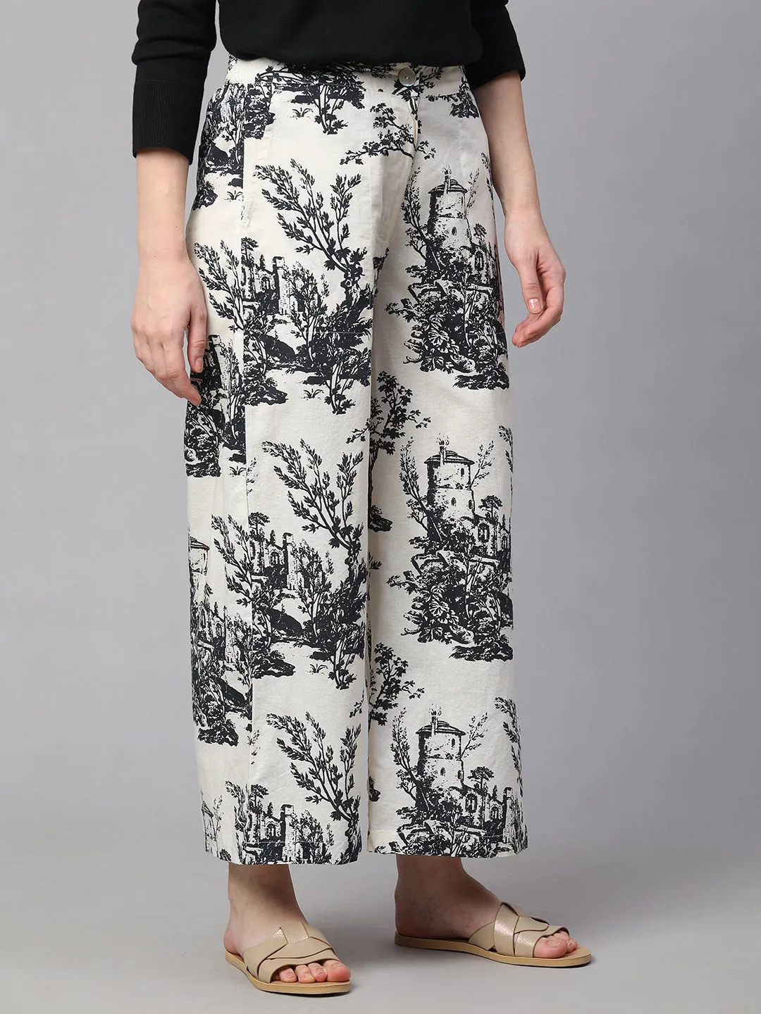 Women's Black Cotton Linen Regular Fit Culotte