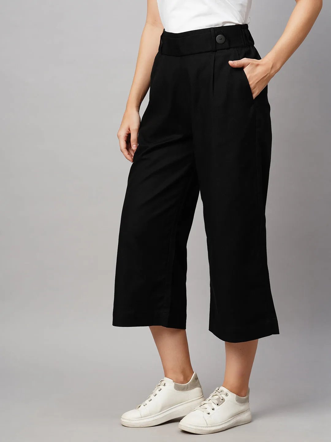 Women's Black Linen Regular Fit Culotte