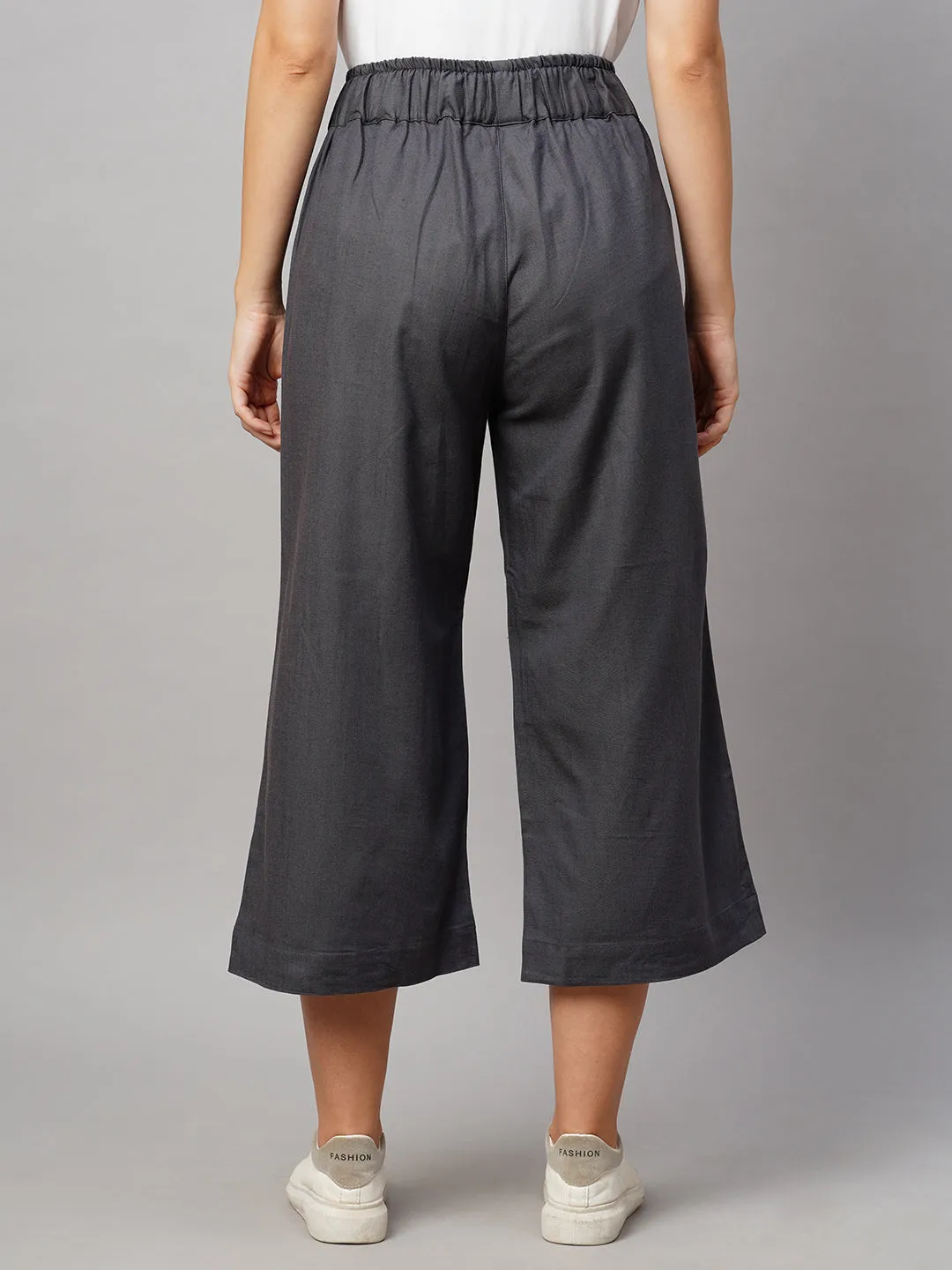 Women's Grey Viscose Cotton Linen Lycra Straight Fit Culottes