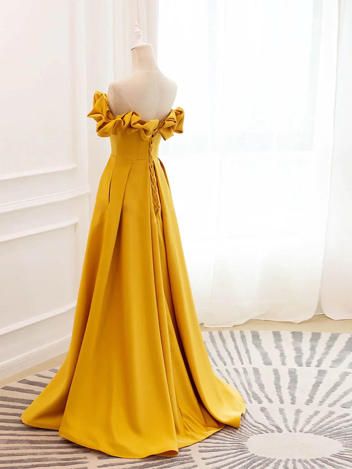 Yellow Satin A-line Sweetheart Off Shoulder Party Dress, Yellow Long Prom Dress