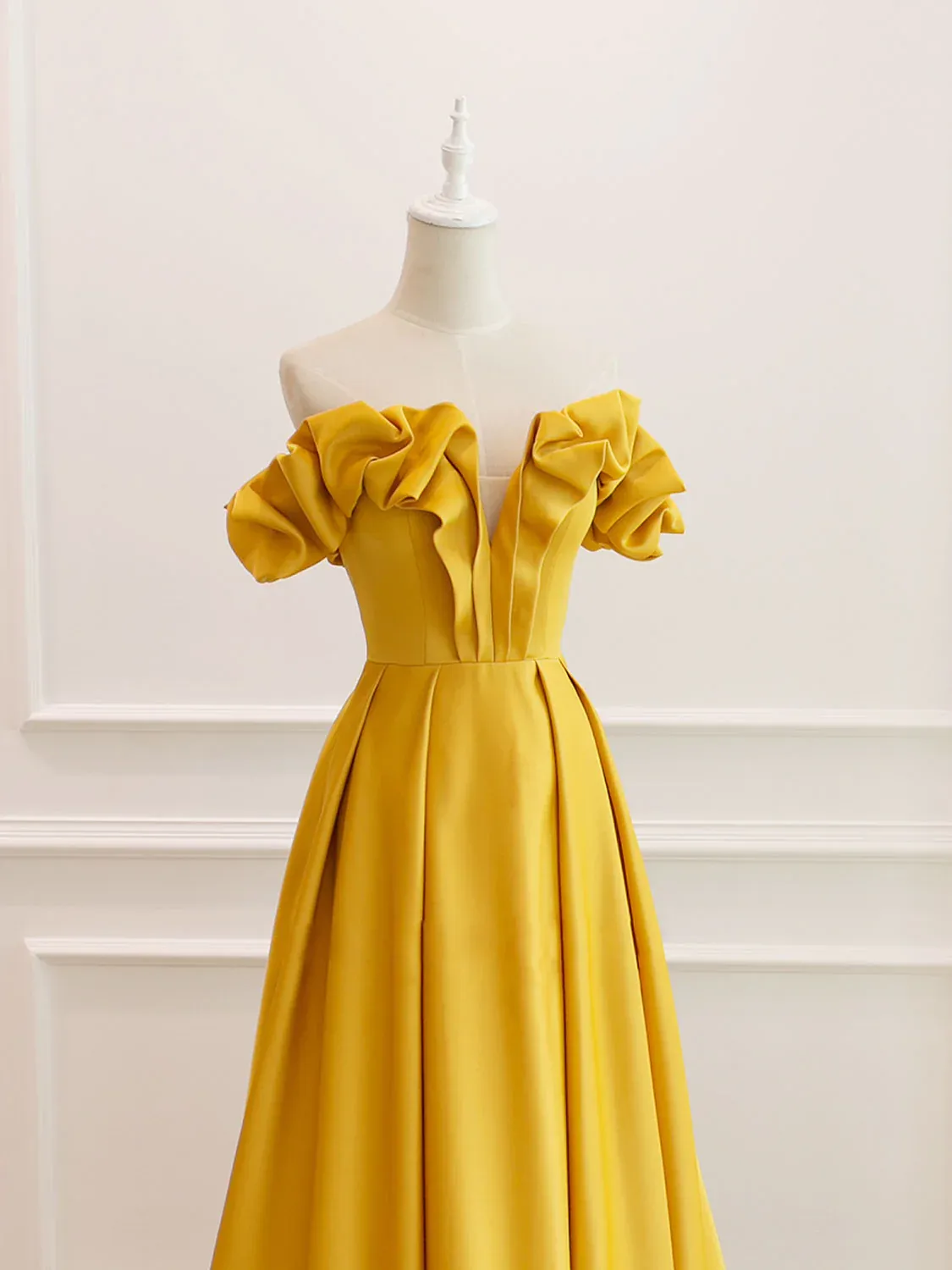 Yellow Satin A-line Sweetheart Off Shoulder Party Dress, Yellow Long Prom Dress